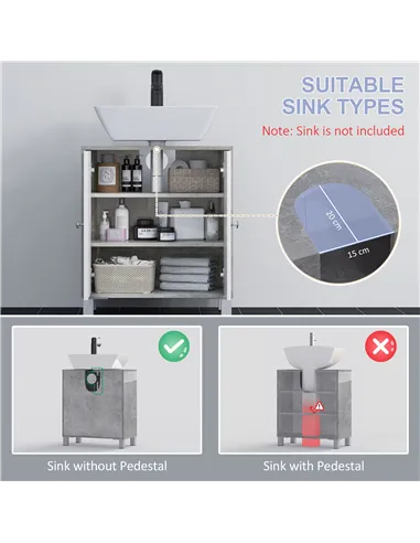 kleankin Under Sink Cabinet, Bathroom Vanity Unit, Storage Cupboard with Adjustable Shelves, White and Grey