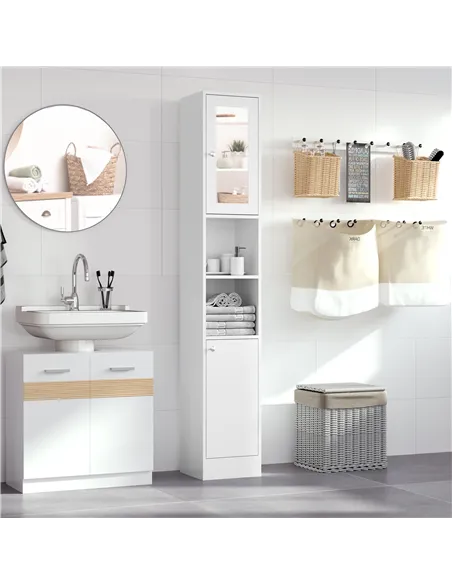 kleankin Tall Bathroom Storage Cabinet with Mirror, Freestanding Floor Cabinet Tallboy Unit with Adjustable Shelves, White