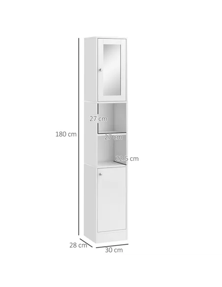 kleankin Tall Bathroom Storage Cabinet with Mirror, Freestanding Floor Cabinet Tallboy Unit with Adjustable Shelves, White