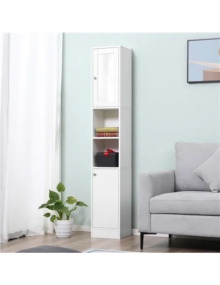 kleankin Tall Bathroom Storage Cabinet with Mirror, Freestanding Floor Cabinet Tallboy Unit with Adjustable Shelves, White