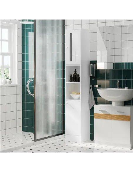 kleankin Tall Bathroom Storage Cabinet with Mirror, Freestanding Floor Cabinet Tallboy Unit with Adjustable Shelves, White
