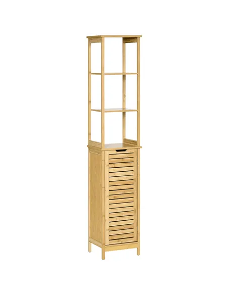 kleankin Tall Bathroom Cabinet, Slim Storage Cabinet, Tallboy Bamboo Storage Unit with 3-Tier Storage Shelves and Freestanding O