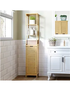 kleankin Tall Bathroom Cabinet, Slim Storage Cabinet, Tallboy Bamboo Storage Unit with 3-Tier Storage Shelves and Freestanding O 2