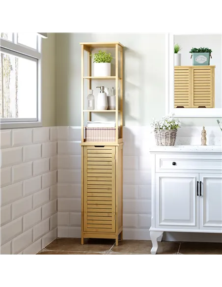 kleankin Tall Bathroom Cabinet, Slim Storage Cabinet, Tallboy Bamboo Storage Unit with 3-Tier Storage Shelves and Freestanding O
