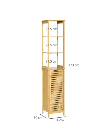 kleankin Tall Bathroom Cabinet, Slim Storage Cabinet, Tallboy Bamboo Storage Unit with 3-Tier Storage Shelves and Freestanding O