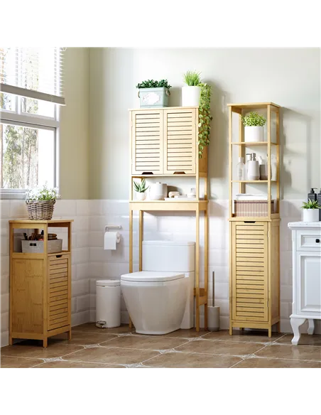 kleankin Tall Bathroom Cabinet, Slim Storage Cabinet, Tallboy Bamboo Storage Unit with 3-Tier Storage Shelves and Freestanding O