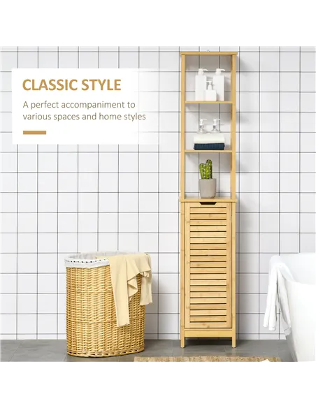kleankin Tall Bathroom Cabinet, Slim Storage Cabinet, Tallboy Bamboo Storage Unit with 3-Tier Storage Shelves and Freestanding O
