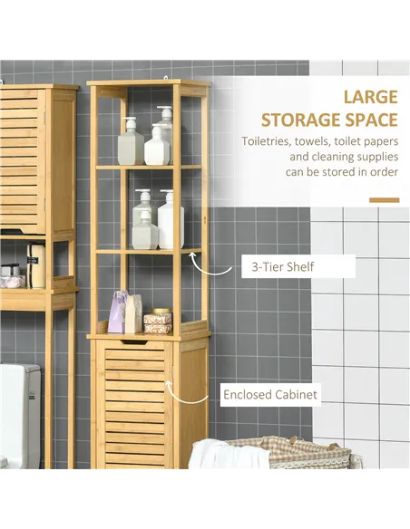 kleankin Tall Bathroom Cabinet, Slim Storage Cabinet, Tallboy Bamboo Storage Unit with 3-Tier Storage Shelves and Freestanding O