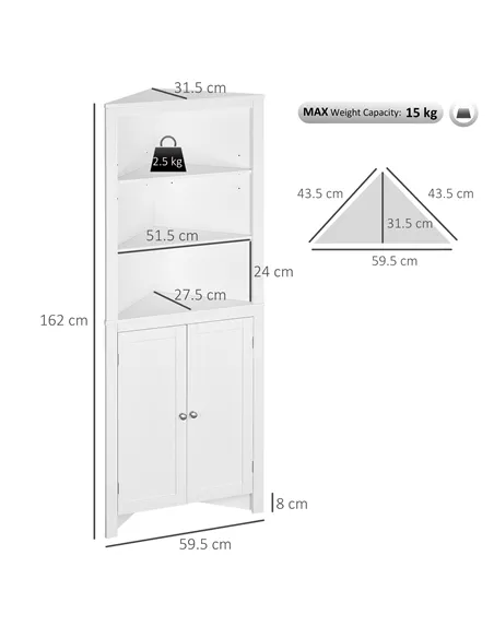 kleankin Triangle Bathroom Cabinet, Corner Bathroom Storage Unit with Cupboard and 3-Tier Shelves, Free Standing, White