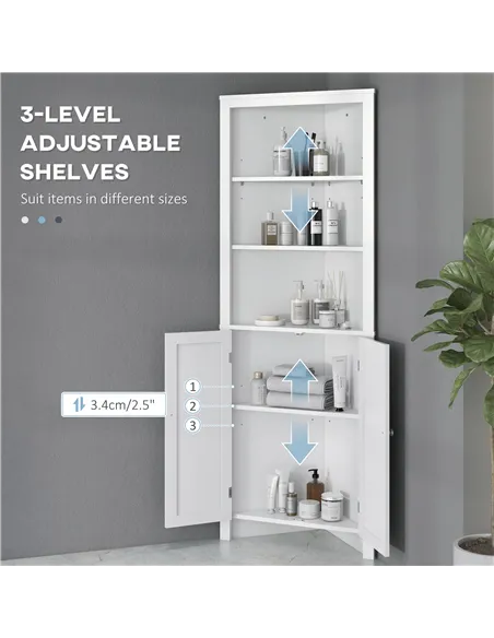 kleankin Triangle Bathroom Cabinet, Corner Bathroom Storage Unit with Cupboard and 3-Tier Shelves, Free Standing, White