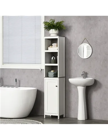 kleankin Tall Bathroom Storage Cabinet, Freestanding Tower Cabinet with 3 Open Shelves and Adjustable Shelf, Antique White