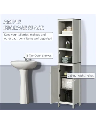 kleankin Tall Bathroom Storage Cabinet, Freestanding Tower Cabinet with 3 Open Shelves and Adjustable Shelf, Antique White