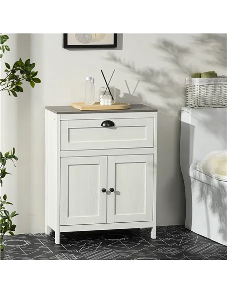kleankin Bathroom Floor Cabinet, Freestanding Storage Cupboard with Drawer, Double Door Cabinet and Adjustable Shelf, White