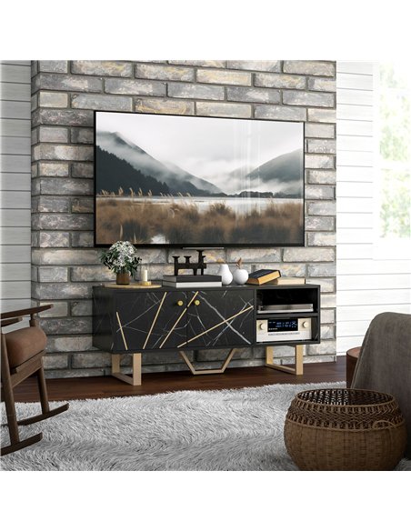 HOMCOM TV Stand Cabinet for TVs up to 50 Inches, TV Unit with Storage Shelves and Cupboard for Living Room, Black Marble Tone