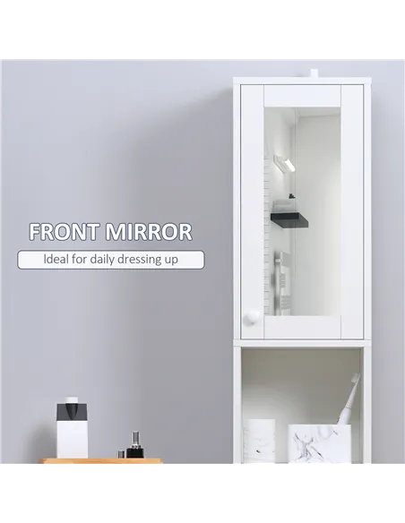 kleankin Tall Bathroom Storage Cabinet with Mirror, Narrow Bathroom Unit, Freestanding Bathroom Cupboard with Adjustable Shelves