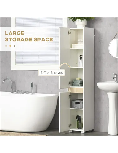kleankin Tall Bathroom Cabinet with Adjustable Shelves, 5-Tier Modern Freestanding Tallboy with Storage Cabinets, White