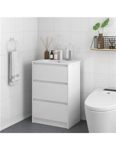 kleankin 600mm Bathroom Vanity Unit with Basin and Single Tap Hole, High Gloss White Floor Standing Bathroom Sink Unit with 2 Dr