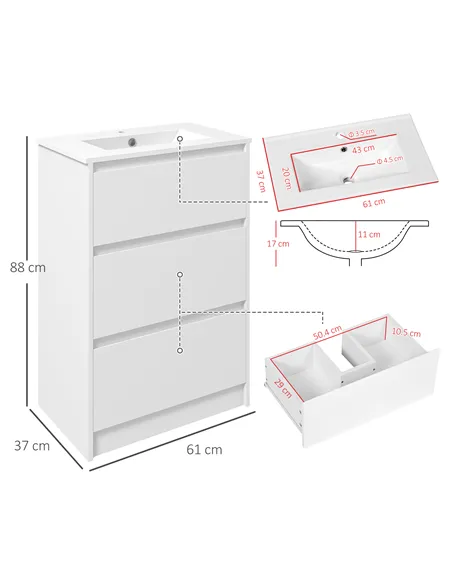 kleankin 600mm Bathroom Vanity Unit with Basin and Single Tap Hole, High Gloss White Floor Standing Bathroom Sink Unit with 2 Dr