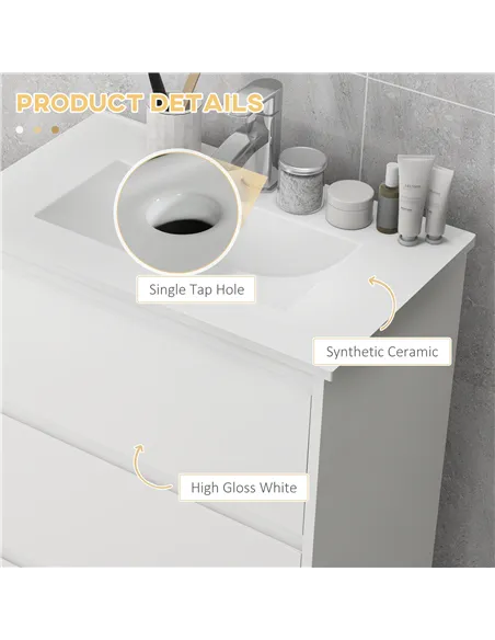 kleankin 600mm Bathroom Vanity Unit with Basin and Single Tap Hole, High Gloss White Floor Standing Bathroom Sink Unit with 2 Dr