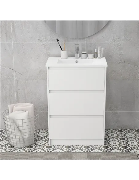 kleankin 600mm Bathroom Vanity Unit with Basin and Single Tap Hole, High Gloss White Floor Standing Bathroom Sink Unit with 2 Dr