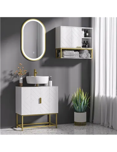 kleankin Bathroom Mirror Cabinet Under Sink Storage Cabinet Basin Cupboard with 2 Doors and Gold Steel Legs