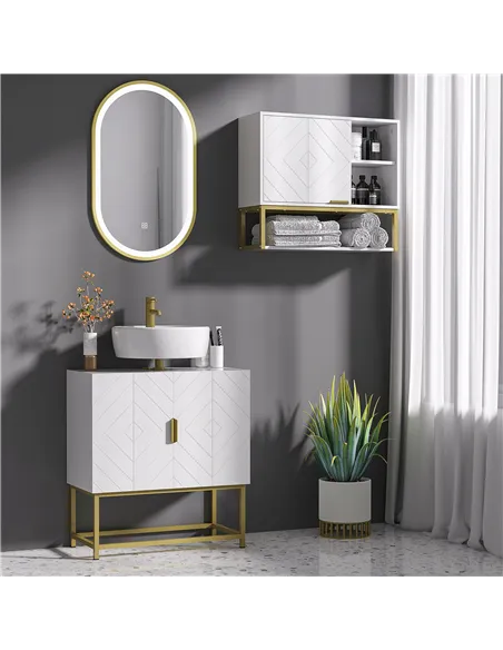 kleankin Bathroom Mirror Cabinet Under Sink Storage Cabinet Basin Cupboard with 2 Doors and Gold Steel Legs