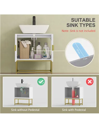 kleankin Bathroom Mirror Cabinet Under Sink Storage Cabinet Basin Cupboard with 2 Doors and Gold Steel Legs