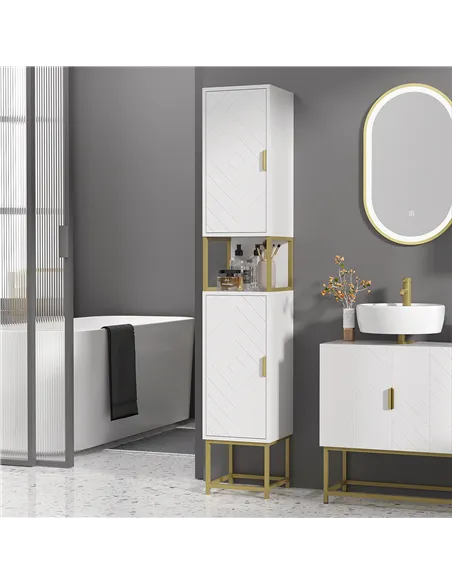 kleankin Narrow Bathroom Storage Cabinet, Freestanding Tallboy Storage Unit with Adjustable Shelf, 2 Doors and Steel Base, Slim 