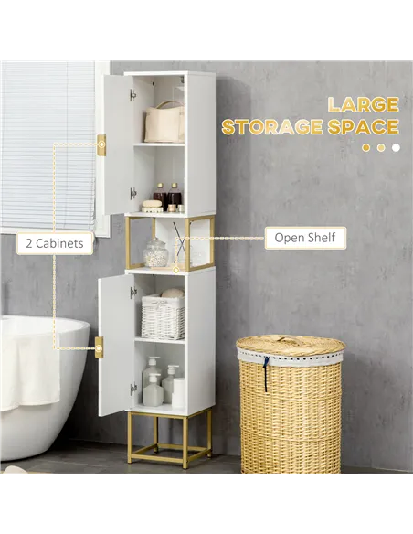 kleankin Narrow Bathroom Storage Cabinet, Freestanding Tallboy Storage Unit with Adjustable Shelf, 2 Doors and Steel Base, Slim 