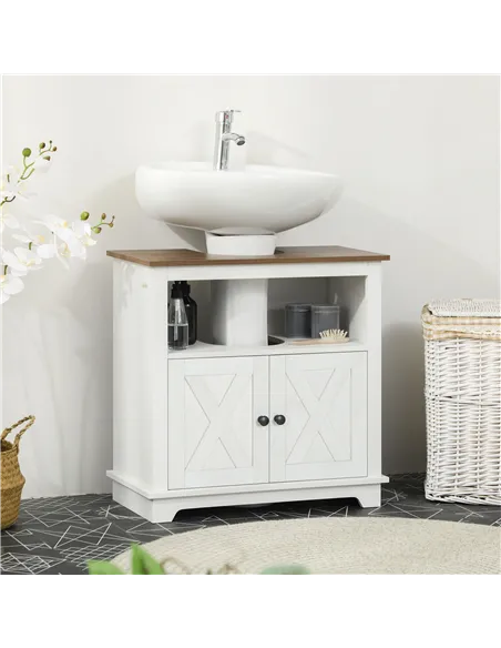 kleankin Under Sink Cabinet Bathroom Vanity Unit with Double Doors and Storage Shelves, 60 x 30 x 60cm, White