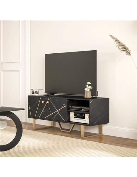 HOMCOM TV Stand Cabinet for TVs up to 50 Inches, TV Unit with Storage Shelves and Cupboard for Living Room, Black Marble Tone