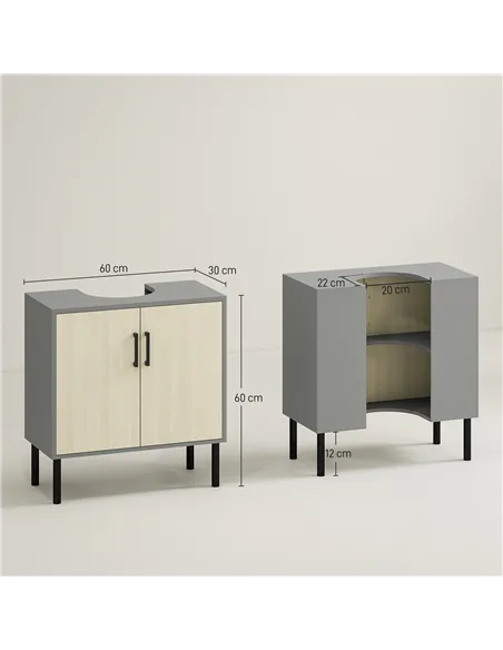kleankin Under Sink Cabinet, Bathroom Vanity Unit, Storage Cupboard with Double Doors and Storage Shelves, 60x30x60cm, Natural