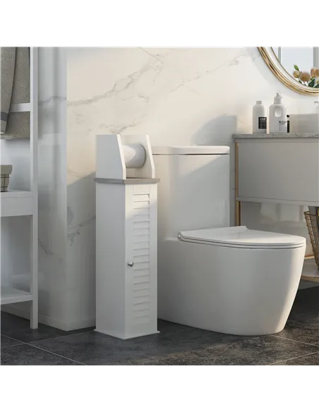 kleankin Slim Bathroom Floor Cabinet with Cupboard, Roll Holder and Adjustable Shelf, Toilet Roll Storage Unit for Toilet Paper,
