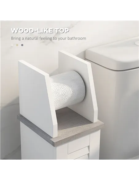 kleankin Slim Bathroom Floor Cabinet with Cupboard, Roll Holder and Adjustable Shelf, Toilet Roll Storage Unit for Toilet Paper,