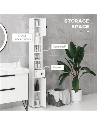 kleankin 180cm Slim Bathroom Cabinet, with Drawer, Shelves and Cupboards - White