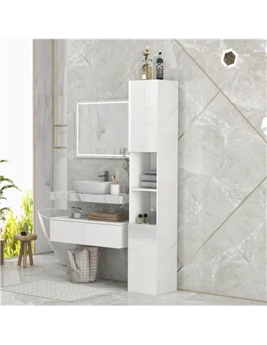kleankin Freestanding Bathroom Cabinet, High Gloss Storage Cabinet with Doors and Adjustable Shelves, 30 x 30 x 181.5 cm, White