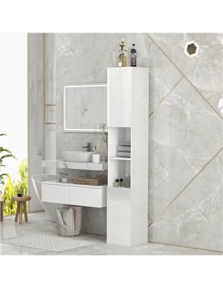 kleankin Freestanding Bathroom Cabinet, High Gloss Storage Cabinet with Doors and Adjustable Shelves, 30 x 30 x 181.5 cm, White