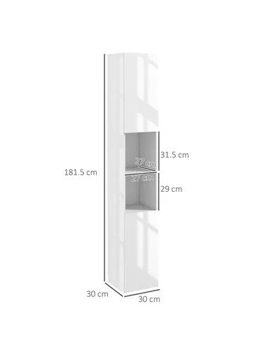 kleankin Freestanding Bathroom Cabinet, High Gloss Storage Cabinet with Doors and Adjustable Shelves, 30 x 30 x 181.5 cm, White