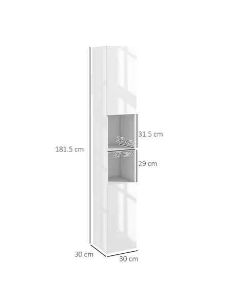 kleankin Freestanding Bathroom Cabinet, High Gloss Storage Cabinet with Doors and Adjustable Shelves, 30 x 30 x 181.5 cm, White