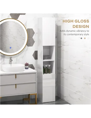 kleankin Freestanding Bathroom Cabinet, High Gloss Storage Cabinet with Doors and Adjustable Shelves, 30 x 30 x 181.5 cm, White