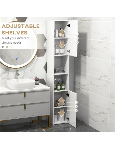 kleankin Freestanding Bathroom Cabinet, High Gloss Storage Cabinet with Doors and Adjustable Shelves, 30 x 30 x 181.5 cm, White
