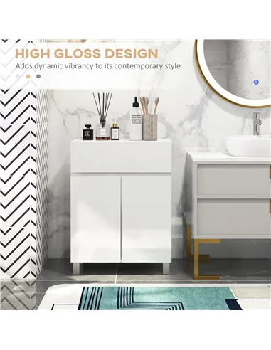 kleankin Freestanding Bathroom Cabinet, High Gloss Storage Cabinet with Doors and Adjustable Shelf, 60 x 30 x 80 cm, White