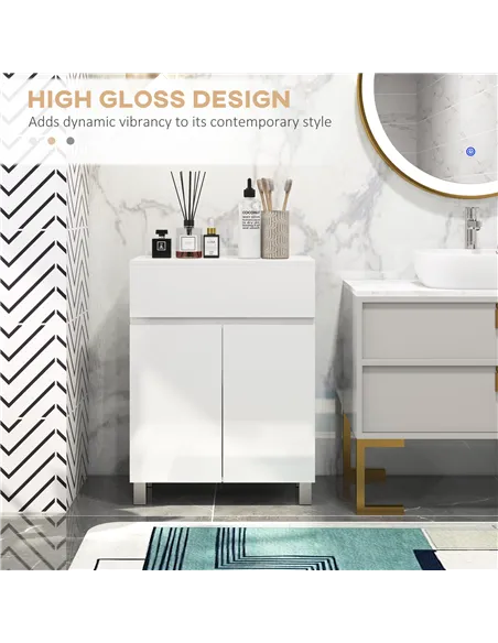 kleankin Freestanding Bathroom Cabinet, High Gloss Storage Cabinet with Doors and Adjustable Shelf, 60 x 30 x 80 cm, White