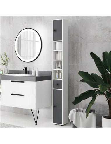 kleankin 180cm Slim Bathroom Cabinet, with Drawer, Shelves and Cupboards - Grey