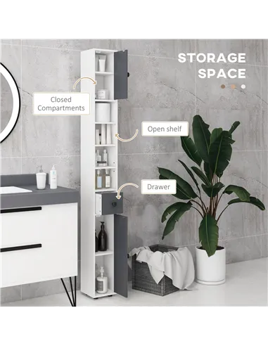 kleankin 180cm Slim Bathroom Cabinet, with Drawer, Shelves and Cupboards - Grey