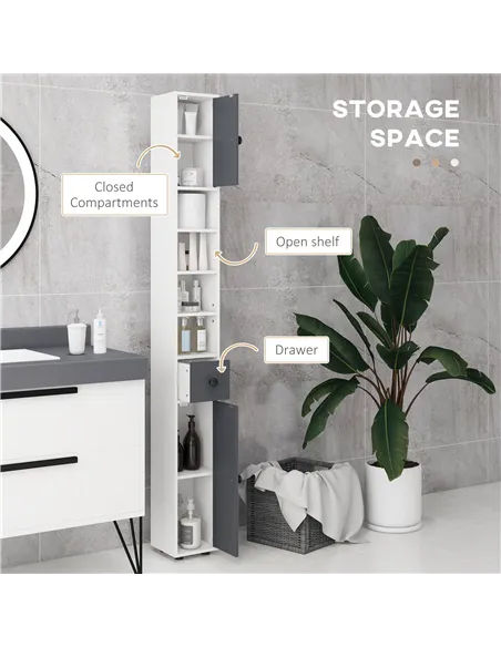 kleankin 180cm Slim Bathroom Cabinet, with Drawer, Shelves and Cupboards - Grey