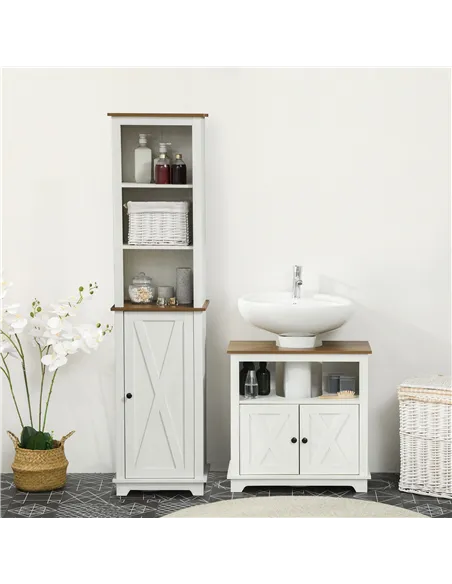 kleankin 2 Piece Bathroom Furniture Set, Tall Bathroom Cabinet with Adjustable Shelves, Under Sink Cabinet with Cupboard and Ope