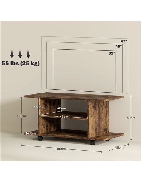 HOMCOM Modern TV Cabinet Stand Storage Shelves Table Mobile Bedroom Furniture Bookshelf Bookcase Rustic Brown