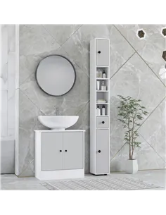 kleankin 180cm Slim Bathroom Cabinet, with Drawer, Shelves and Cupboards - Light Grey 2