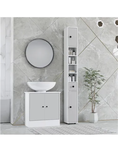 kleankin 180cm Slim Bathroom Cabinet, with Drawer, Shelves and Cupboards - Light Grey